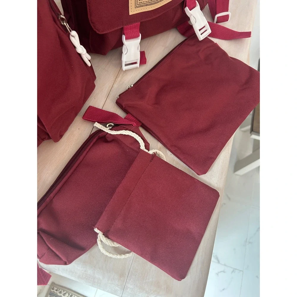 Lanshiyabag 5pc Backpack Set Maroon Burgundy School Travel Messenger Bag‎ Pouch